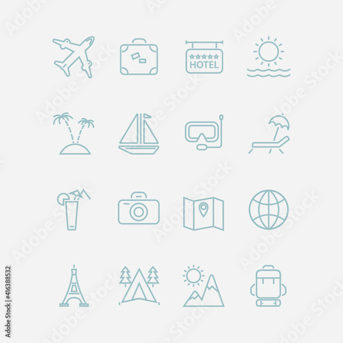 Vector illustration of travel and vocation icons set on white background. Black and white icons.