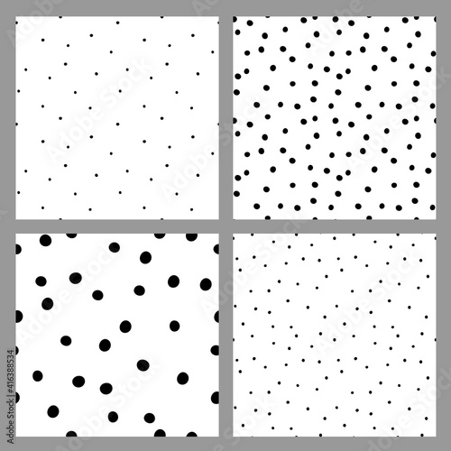 Vector set of seamless textures with random dots. Polka dot seamless patterns with black dots on white background. Card templates.