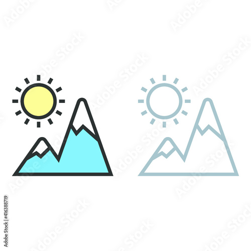 Vector illustration of travel and vocation icon on white background. Coloured and black and white mountains and the sun icon.