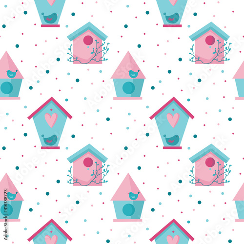 Pink and blue cute birdhouses and birds in Spring orSummer time. Vector seamless pattern for wallpaper, textile, banners