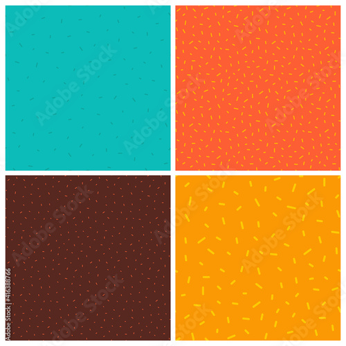 Vector textured backgrounds. Sprinkle doodle seamless patterns.  Orange, deep orange, brown, cyan. Bright colors.  Card templates.
