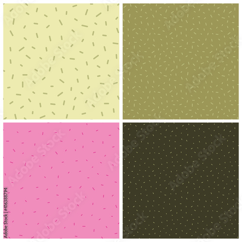 Set of vector seamless patterns with dots and random sprinkle doodles. Pastel pink and soft green colors. Card templates.