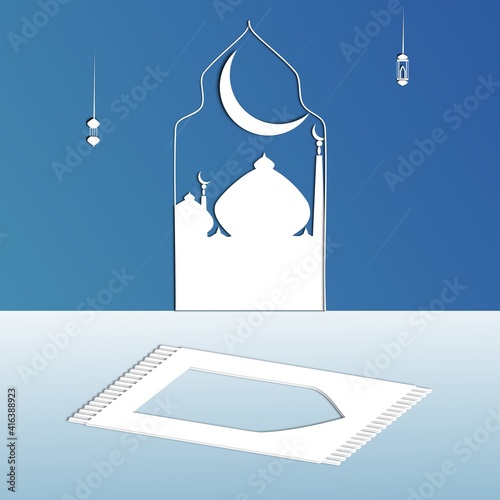 Mosque with Quran, prayer rug, lantern in white paper cut out effect background. Islamic greetings Ramadan Kareem and Eid Mubarak card flat design for Muslim community celebration. Vector illustration
