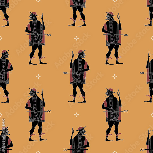 Seamless ethnic pattern with silhouettes of ancient Greek god Hermes or Mercury. Vase painting style.