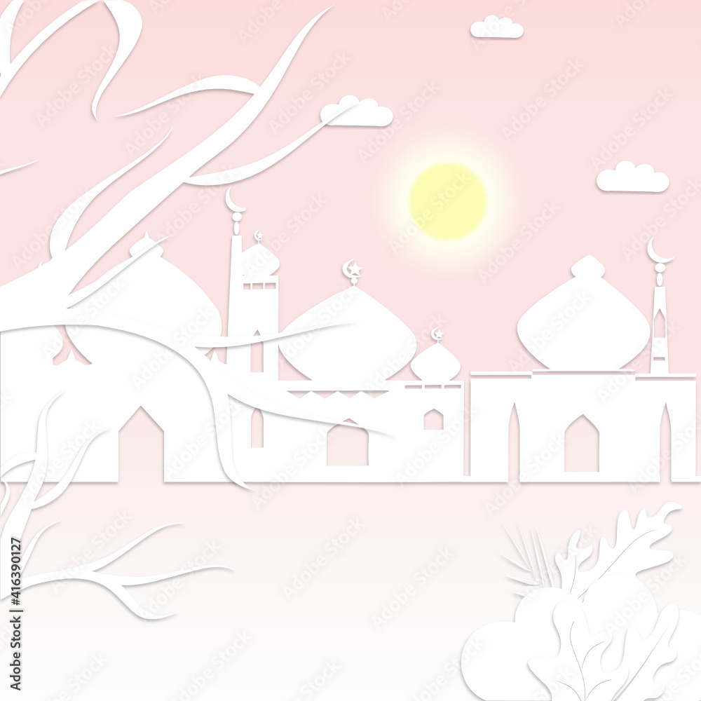 Go to Mosque in natural landscape with white paper cut out effect background. Islamic greetings Ramadan Kareem and Eid Mubarak card flat design for Muslim community celebration. Vector illustration.