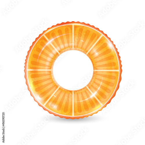 Inflatable ring looking like orange isolated on white background. Realistic colorful rubber swimming buoy. Vector illustration of top view at pool floater in fruit shape, beach toy
