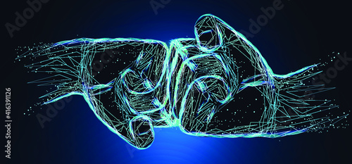 Man giving fist bump in blue background. Power of teamwork concept. Digital low poly wireframe of futuristic vector. 