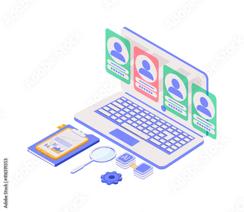 Business HR concept in isometric vector illustration. Human resources manager hiring employee or workers for job. Recruiting staff in company. Organizational socialization. Acquisition or onboarding.