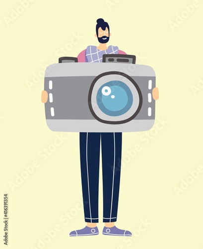 Vector photographer character web icon with big photo camera
