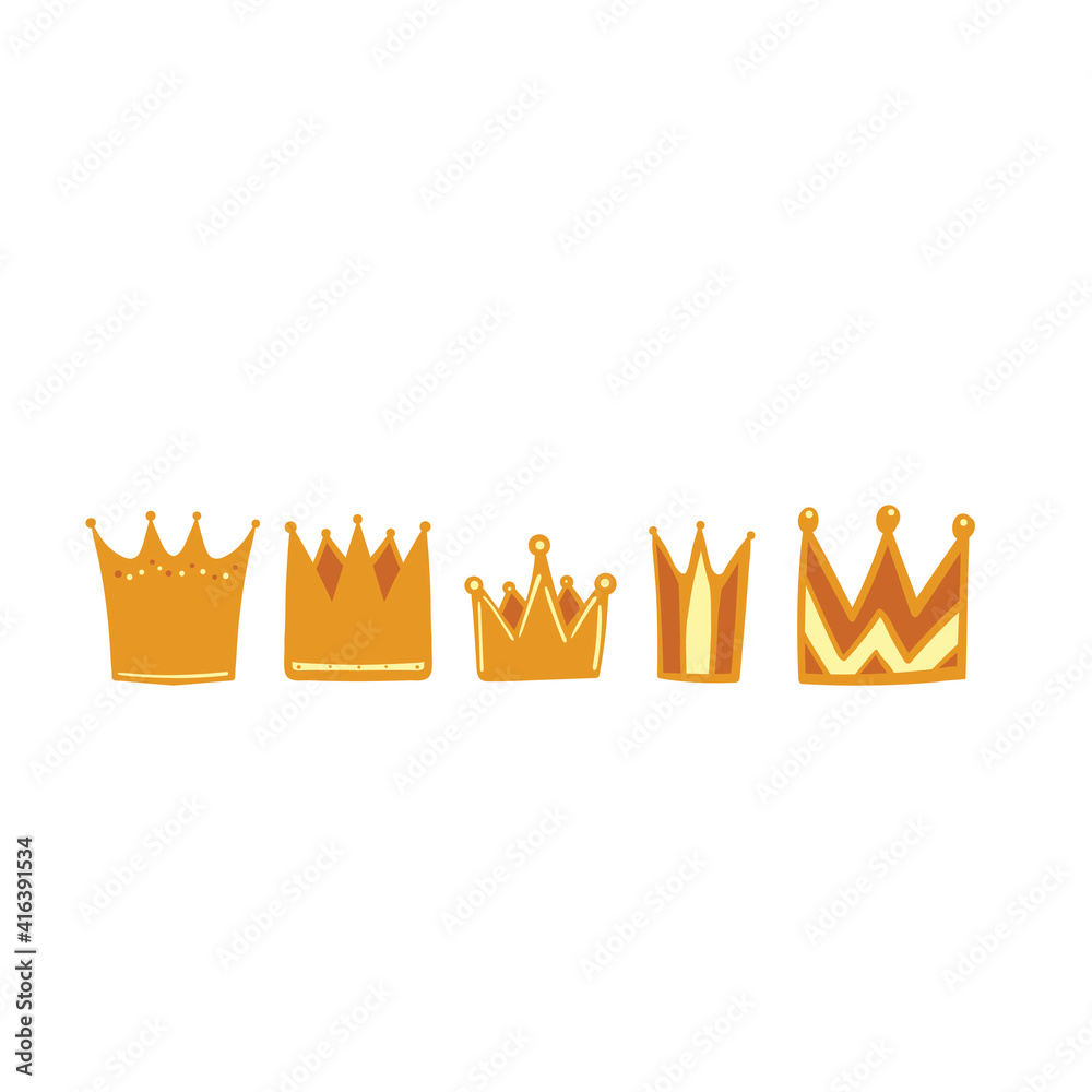 Set of 5 royal gold crowns in cartoon style on white background. Vector illustration.