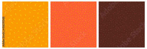 Sprinkle doodle seamless patterns. Vector textured backgrounds with random sprinkles. Trendy colors. Orange, deep orange, brown. Card templates.