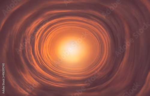 Abstract clouds tunnel. Fantasy bright orange clouds, infinity way in tunnel.