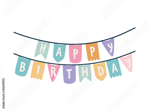 garland with happy birthday lettering on a white background