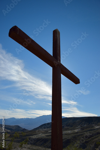 Death Valley Scotty's grave cross, Scotty's Castle,  Death Valley, California photo