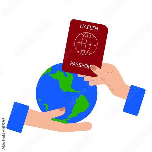 Health passport for your trip without problems during Covid-19. Arm which is holding Earth invites travel across the world with health passport.
