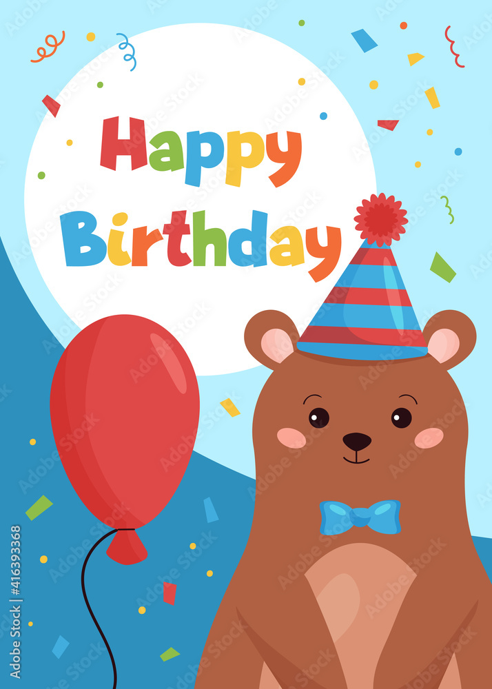 Fototapeta premium Happy Birthday greeting card template with funny bear and balloon. Vector cartoon character.
