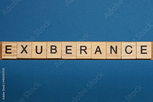 gray word exuberance in small square wooden letters with black font on a blue background