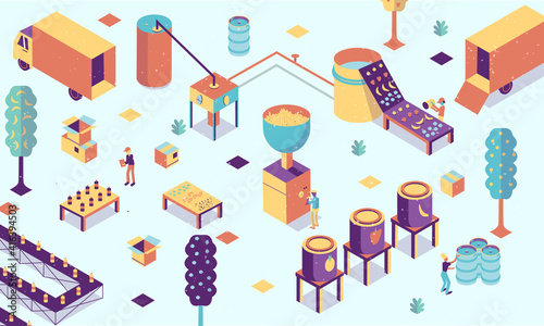 colorful isometric brewery illustration. Vector cartoon brewing and fermentation process. (ID: 416394503)