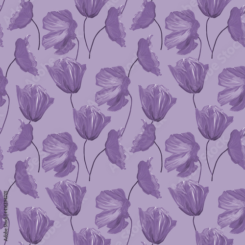 Hand-drawn gouache floral seamless pattern with the yellow poppy flowers on lilac  background, Natural repeated print for textile, wallpaper. © Olena
