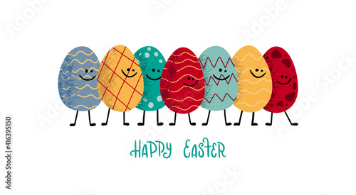 A lot of colorful funny easter eggs are character. Lettering Happy Easter. Can use for card, banner, web.