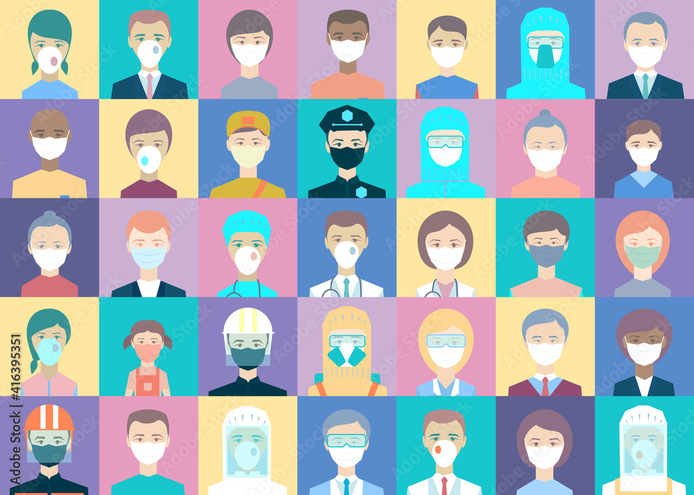 Medical workers, police, delivery, vendors, people placed in colorful squares. Thank you for the fight Covid-19. Avatar doctors, policemen, couriers, salesman, pharmacists, rescuers, fireman, postman Medical workers, police, delivery, vendors, people placed in colorful squares. Thank you for the fight Covid-19. Avatar doctors, policemen, couriers, salesman, pharmacists, rescuers, fireman, postman