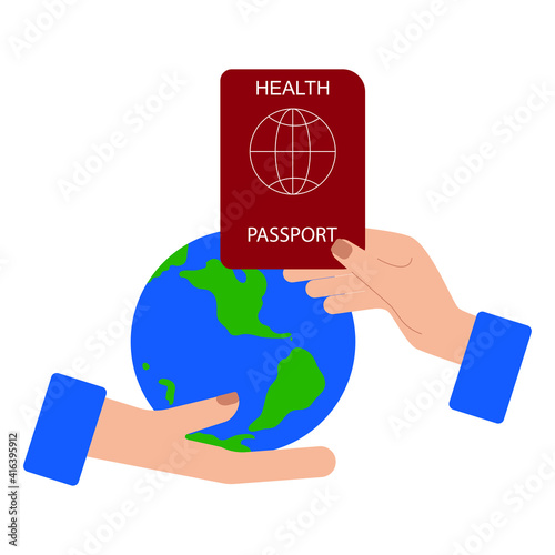 Health passport for your trip without problems during Covid-19. Arm which is holding Earth invites travel across the world with health passport.