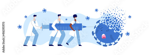 Doctors and nurses fight coronavirus with covid-19 vaccine. People carry big syringe with antivirus shot and inject pathogen. Healthcare, coronavirus, prevention and immunize. Stop covid pandemic.