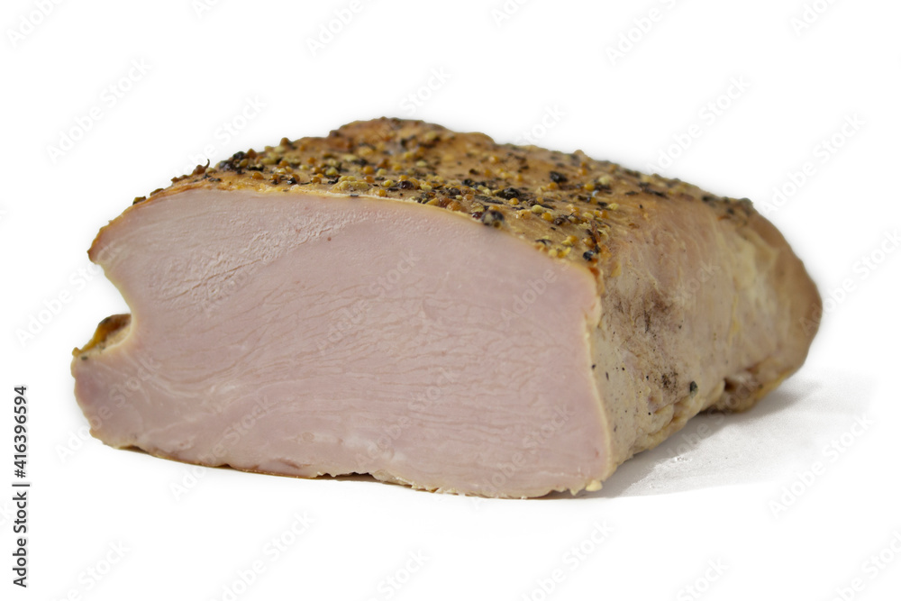 Appetizing baked meat with black pepper isolated on white background close-up Appetizing baked meat with black pepper isolated on white background close-up