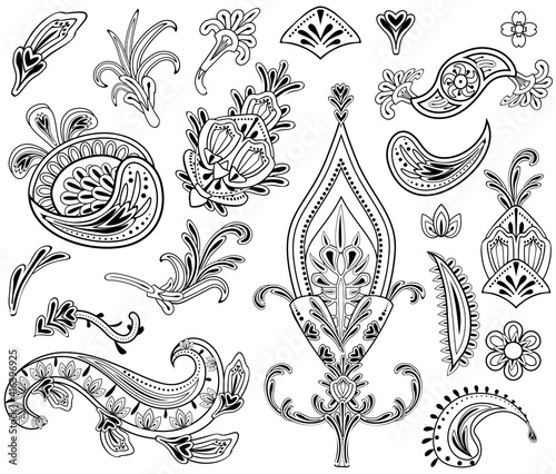 Mehndi set of Henna flower hand drawn tatoo elements. Floral paisley decorations in oriental, Indian, folk or ethnic style. Buta or turkish cucumber