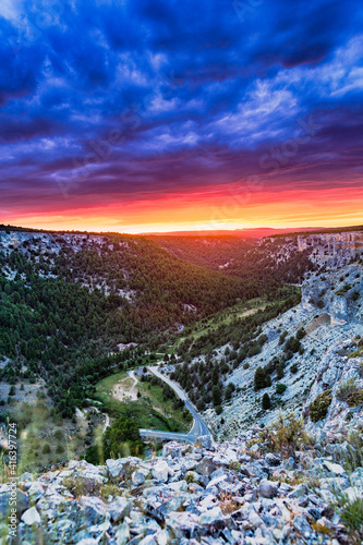 The canyon of Rio Lobos is a espectacular Soria tourist Natural park with colorful sky sunsets in nature and mountain landscapes to enjoy trekking and hiking, for adventures and travel.