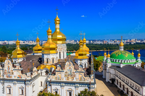 View of Kiev Pechersk Lavra (Kiev Monastery of the Caves) and the Dnieper river in Ukraine. View from Great Lavra Bell Tower