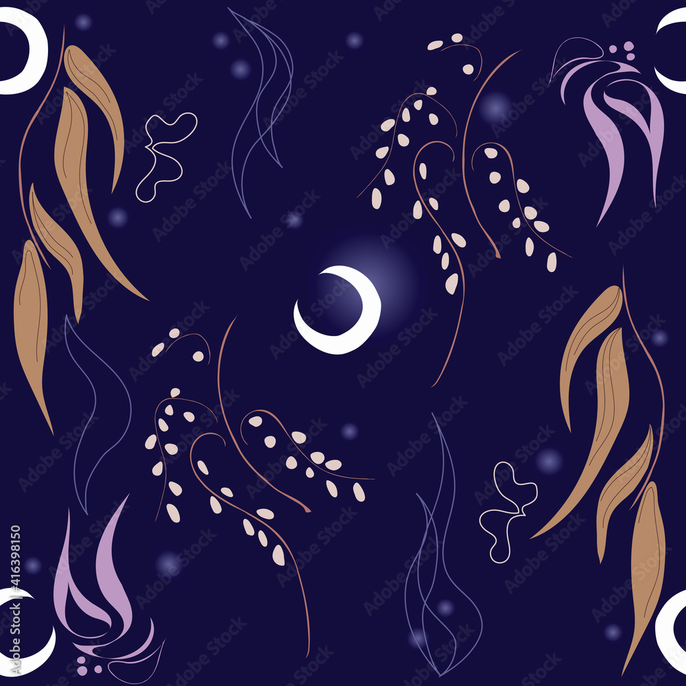 fantasy pattern with moon ,glowing stars and magic plants fantasy pattern with moon ,glowing stars and magic plants