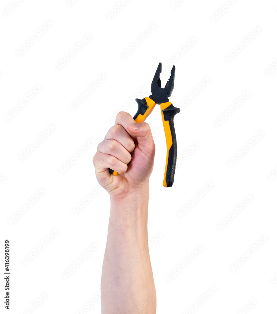 Man's arm raised holding a tool: pliers. Isolate on white background. Man's arm raised holding a tool: pliers. Isolate on white background.