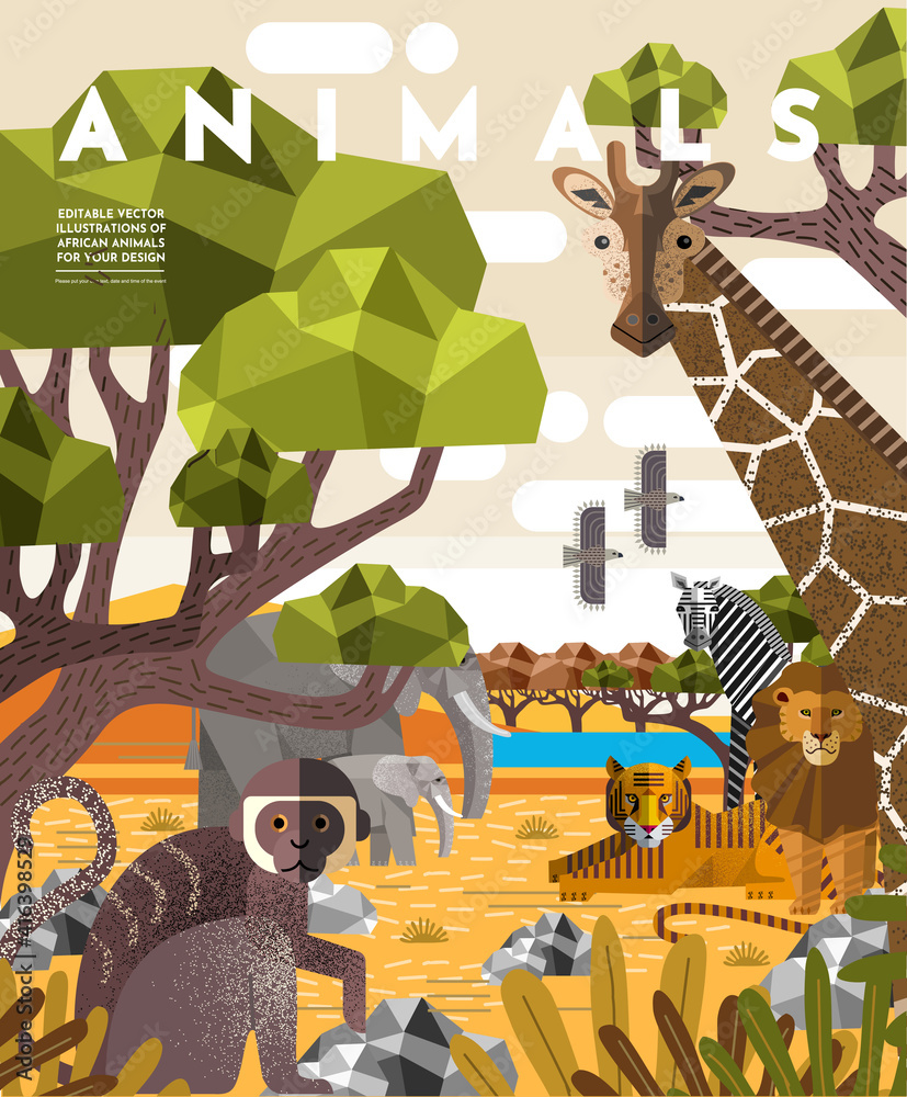 Fototapeta premium Animals. Vector flat illustrations of giraffe, elephant, monkey, tiger, lion, zebra, eagle, tree, savanna. African flora and fauna drawings for poster or background