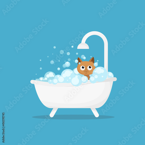 Cat in bath with bubbles. Bathtub with soap foam bubbles and cute kitten. Cartoon character, animal collection. Vector illustration in flat style