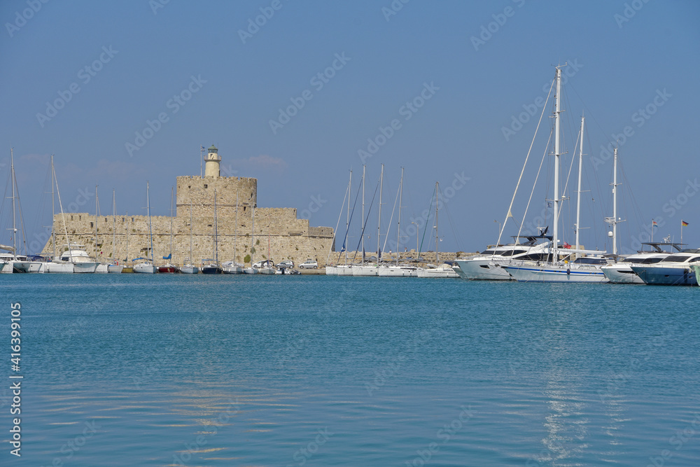 Rhodes island, Greece - Landscape of the Mandraki port and Saint Nicholas Fort