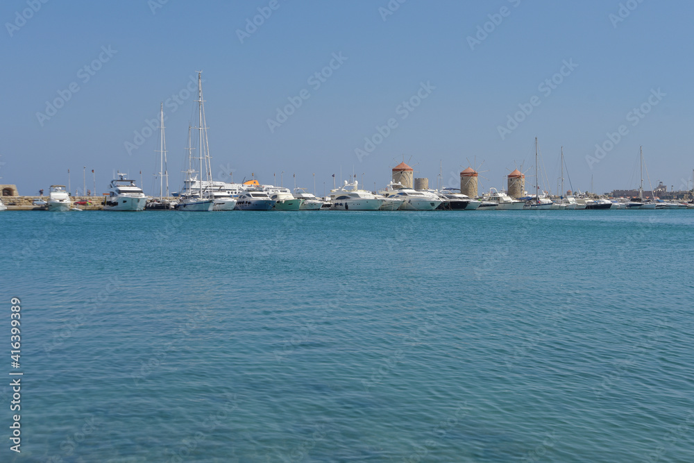 Rhodes island, Greece -  Landscape of the Mandraki port in Rhodes town