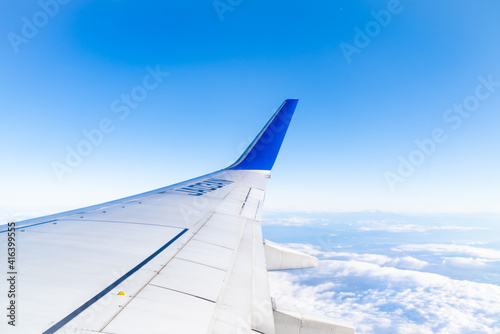 飛行中の飛行機から撮影した空撮写真。旅のイメージ。