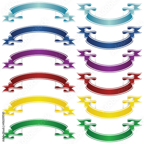 Set of multi-colored twirling ribbons with white stripes on them on a white background. Graphic resources.