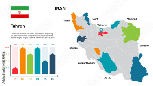 Iran map. Vector image of a global map in the form of regions of Iran regions. Country flag. Infographic timeline. Easy to edit