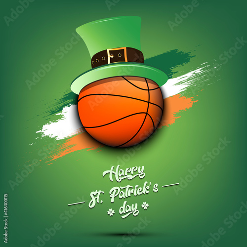 Happy St. Patricks day. Basketball ball in leprechaun hat the background of the Irish flag. Pattern for greeting card, logo, banner, poster, party invitation. Vector illustration
