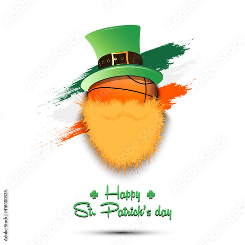 Happy St. Patricks day. Leprechaun in the form of a basketball ball. Basketball ball with beard and leprechaun hat. Greeting card design template. Vector illustration