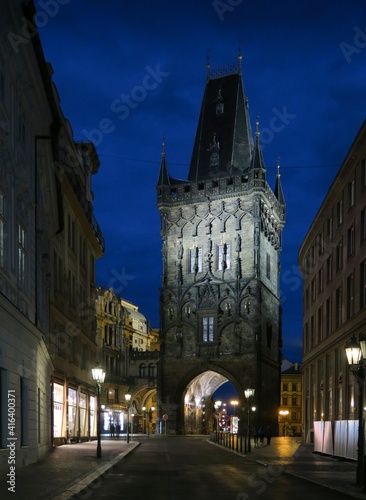 evening view of the gothic Powder Tower in Prague Czech Republic