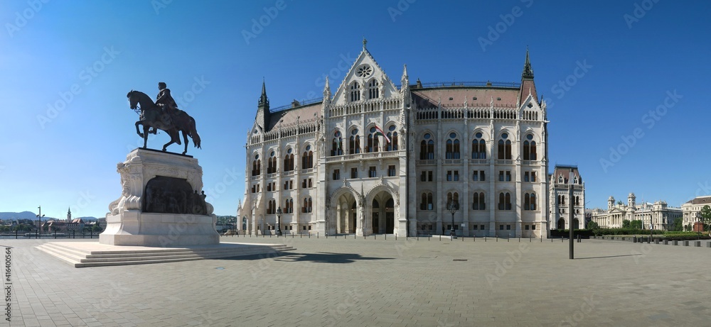 historic parliament building with statue of Gyul Andrássa in Budapest, Hungary