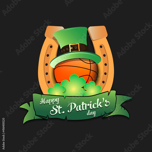 Happy St. Patricks day. Horseshoe, clovers and basketball ball in leprechaun hat on an isolated background. Pattern for greeting card, logo, banner, poster, party invitation. Vector illustration