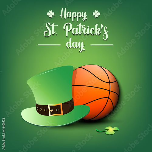 Happy St. Patricks day. Basketball ball and leprechaun hat on an isolated background. Pattern for greeting card, logo, banner, poster, party invitation. Vector illustration