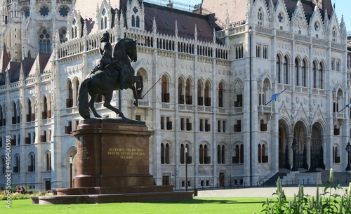 historic parliament building with a statue of II. Rákóczi Ferenc in Budapest, Hungary