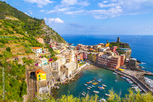 Colorful villages in Cinque terre, Italy and seascape at sunset