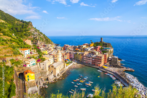 Colorful villages in Cinque terre, Italy and seascape at sunset