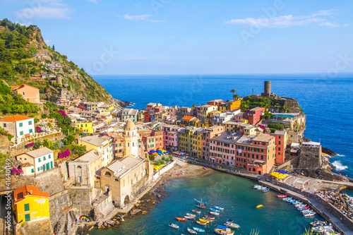 Colorful villages in Cinque terre, Italy and seascape at sunset